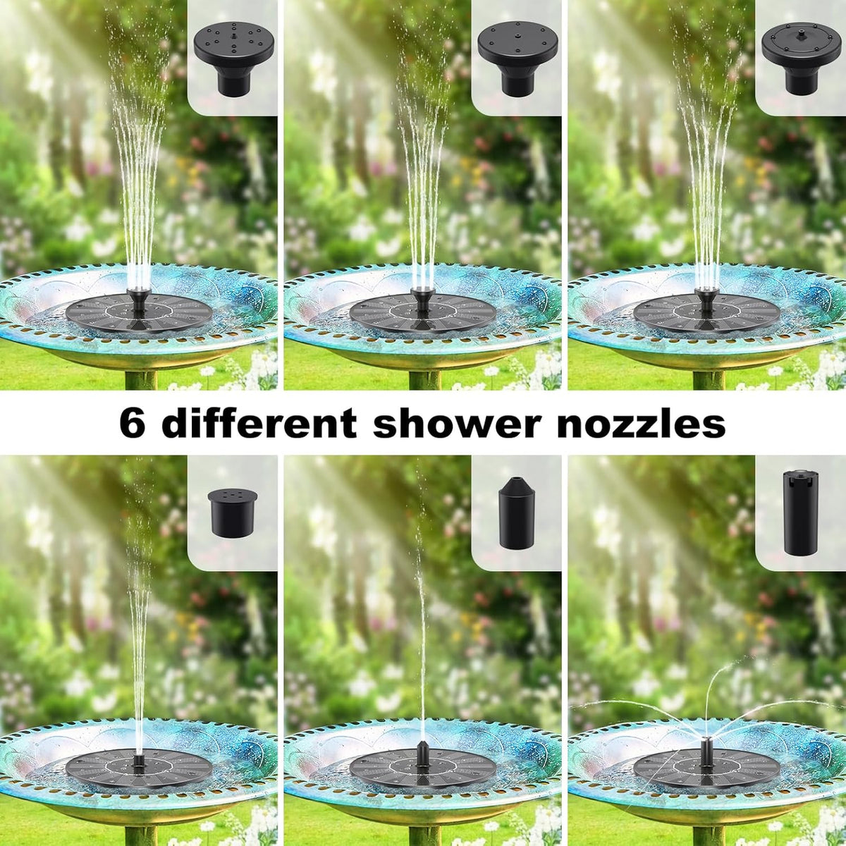Solar Powered Bird Bath Fountain with 6 Nozzles for Bird Bath, Garden, Pond, Pool